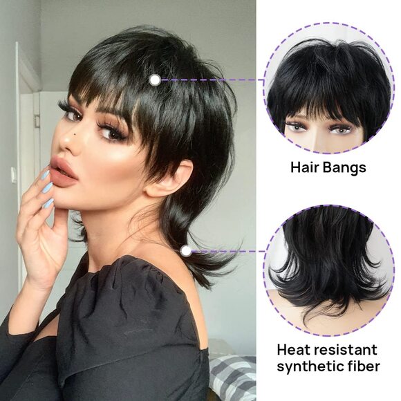Short Black Mullet Wig Pixie Shaggy Layered Wolf Cut Curly Wig Cosplay Costume - Picture 5 of 9